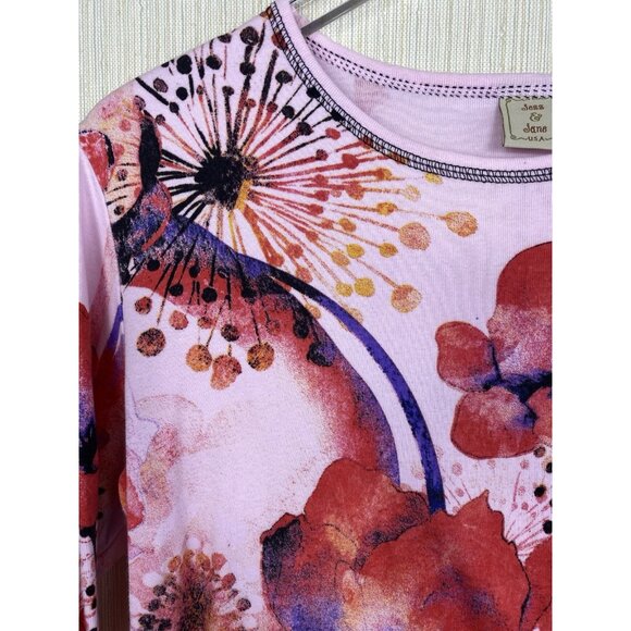 Jess And Jane Size XL Colorful Pink Purple Floral Print Cotton Top 3/4 Sleeves - Picture 3 of 7